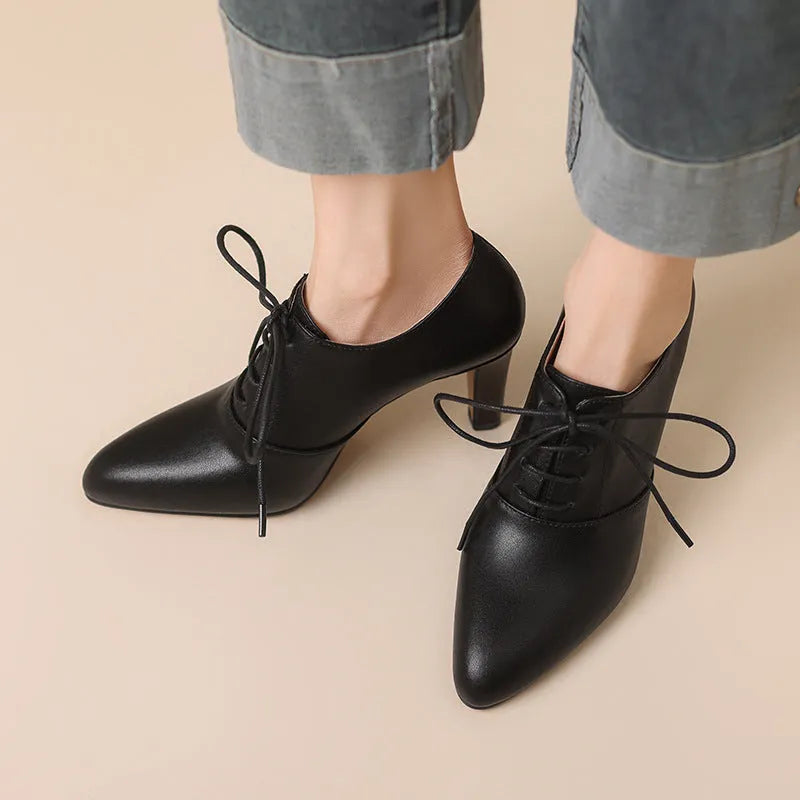 Women's British style high heel lace-up leather shoes with pointed toe and wedge heel in wine red cowhide with pigskin lining