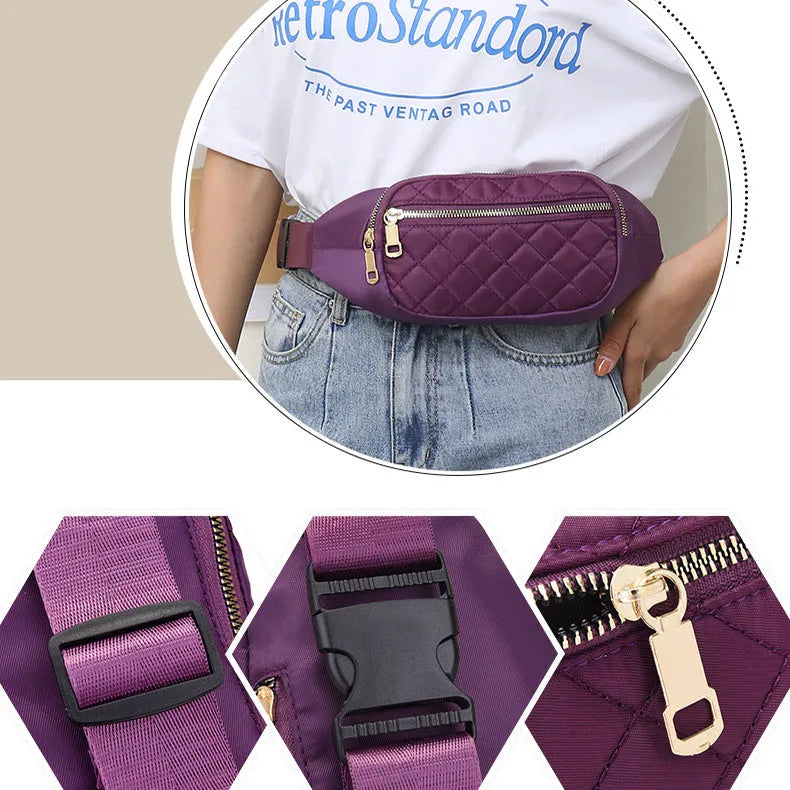 Rhombus fanny pack for women in solid colour, crossbody waist bag with zippered compartments
