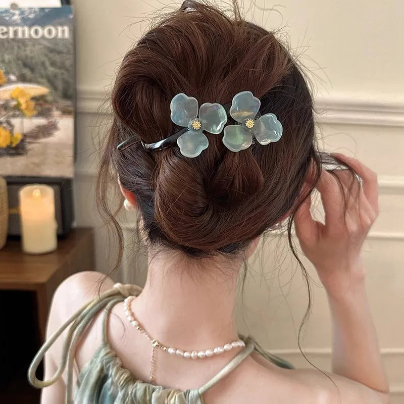 Retro flower bobby pin with acrylic petals for back head updos, available in blue, light blue, beige, or pink petals.