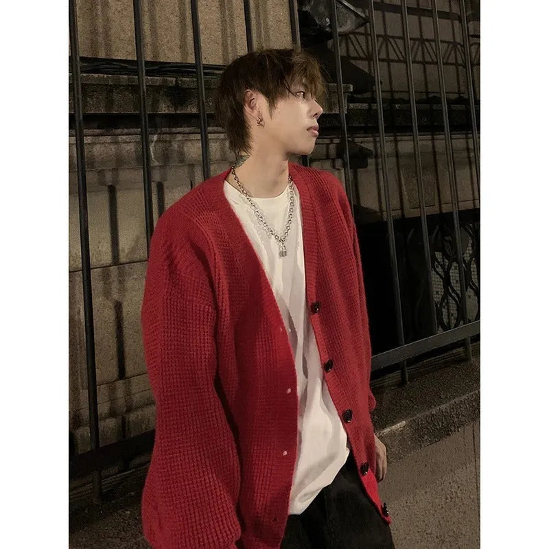 Men's retro V-neck cardigan sweater in Army Green colour with long sleeves and loose fit