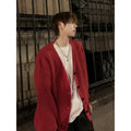 Men's retro V-neck cardigan sweater in Army Green colour with long sleeves and loose fit