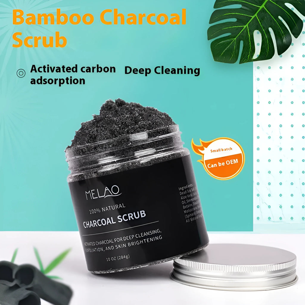 Pure white body bamboo charcoal facial scrub 280g with moisturising cream set on a plain background