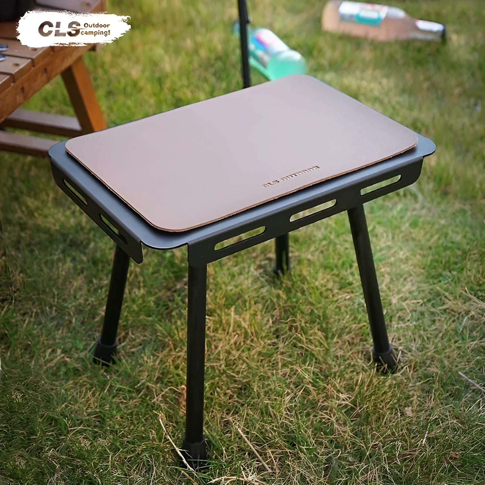 CLS aluminium alloy dual use folding camping table and stool shown in Army Green colour.