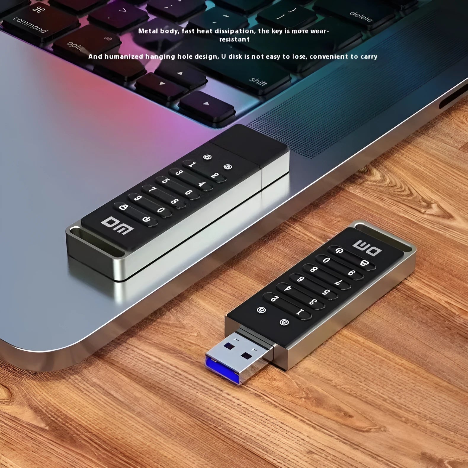 64GB metal USB flash drive with fingerprint scanner and encryption button.