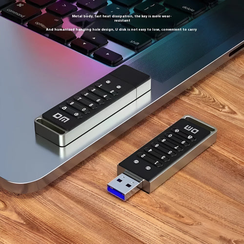 64GB metal USB flash drive with fingerprint scanner and encryption button.
