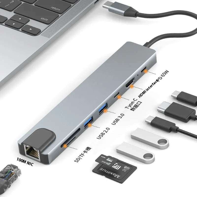 USB-C 7-in-1 expansion dock with HDMI port, multiple USB ports, and a 15cm black cable.