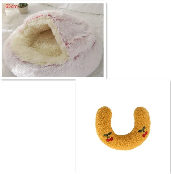 Round plush pet bed in brown for cats and small dogs, size 40cm