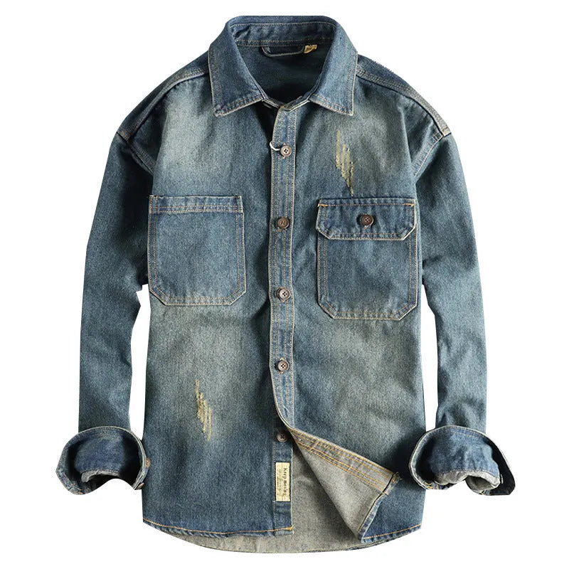Men's vintage denim shirt in light blue washed cotton with loose cardigan fit and long sleeves