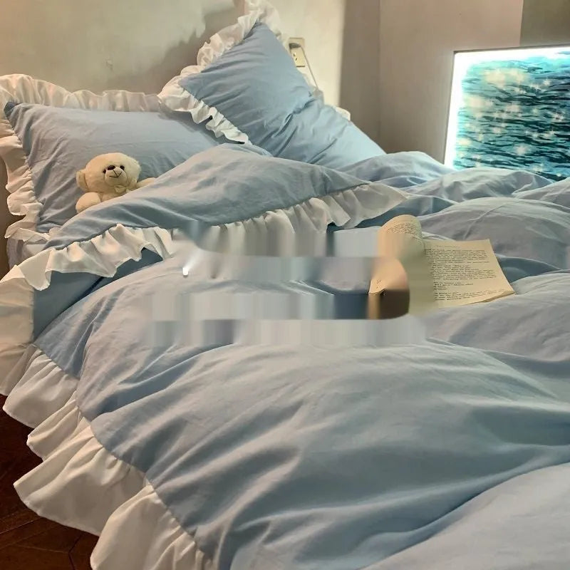 Mori style solid colour quilt cover and pillowcases from a four-piece washed cotton bedding set.