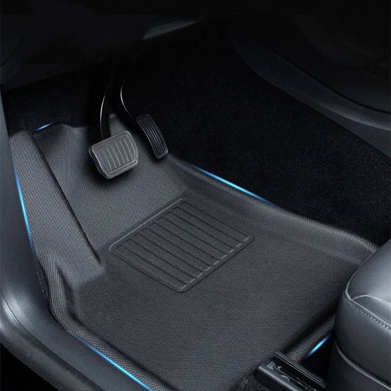 TPR floor mat set for Tesla Model Y including footwell, front box, and rear box mats.