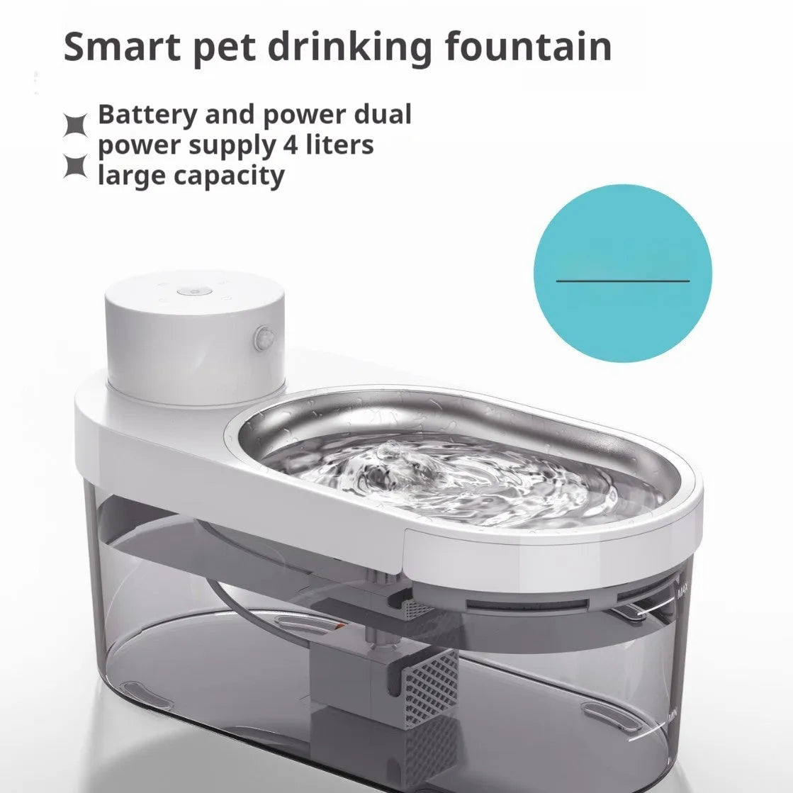 Stainless Steel Pet Water Dispenser, Wireless Water and Electricity Separation, 5V/1A USB Powered, 5W with Built-in Battery, for Dogs Cats, 306 x 176 x 155 mm, ABS+PC+Stainless Steel, Black or White, English or Chinese Interface