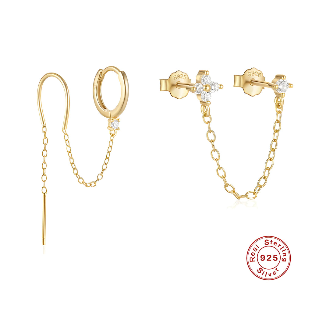 S925 sterling silver stud earrings with a diamond flower and tassel chain design in an electroplated gold finish.