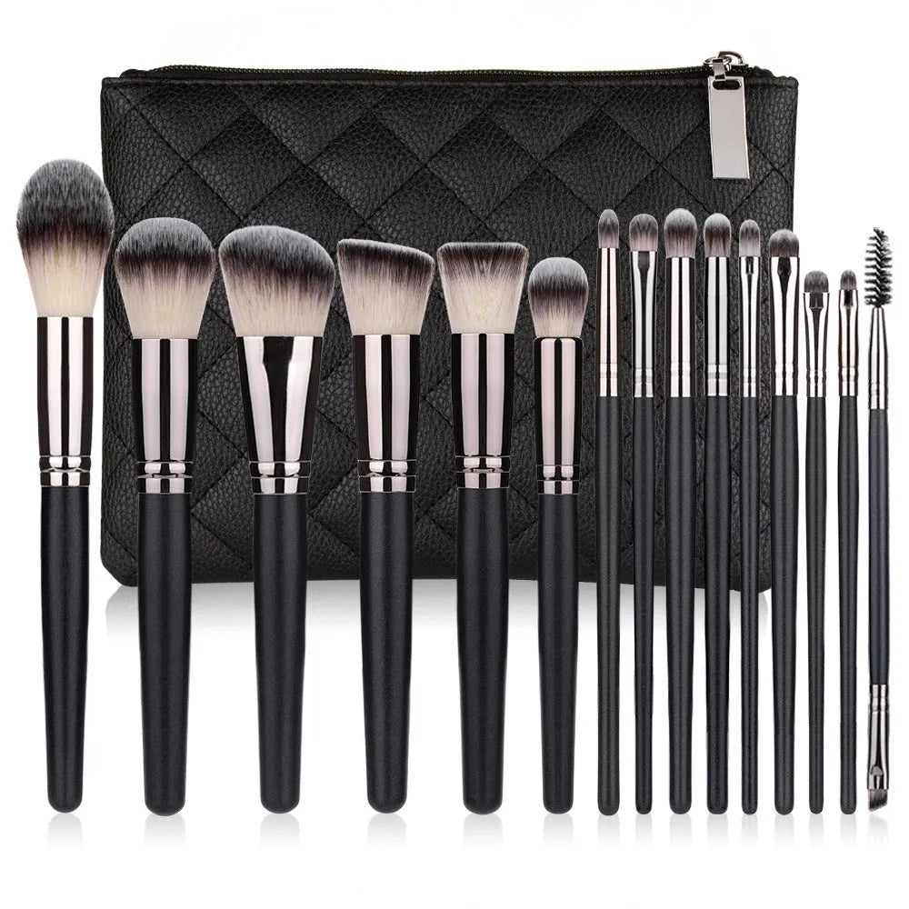15 piece matte black makeup brush set with cosmetic bag, nylon wool bristles and wooden handles in 23cm, 19cm and 4cm lengths
