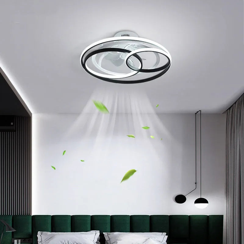 Nordic style 48cm ceiling fan with integrated light fitting, metal blades, acrylic lampshade.