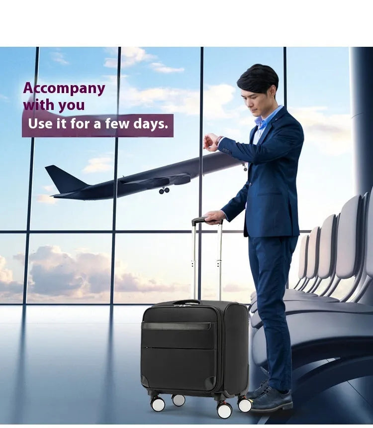 Black 18-inch Oxford cloth carry-on suitcase with retractable handle and four spinner wheels on airport floor.
