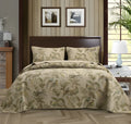 Blue American floral and bird pattern quilted cotton bedspread set on a double bed