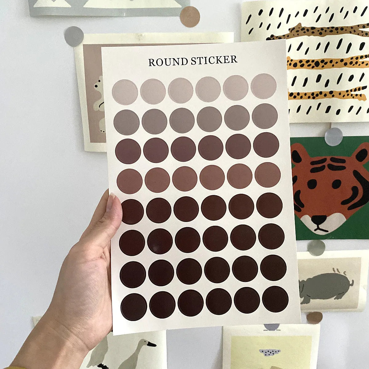 Sheet of 48 Morandi earth colour polka dot seal stickers, each 2cm diameter, on a 16x24.5cm sheet