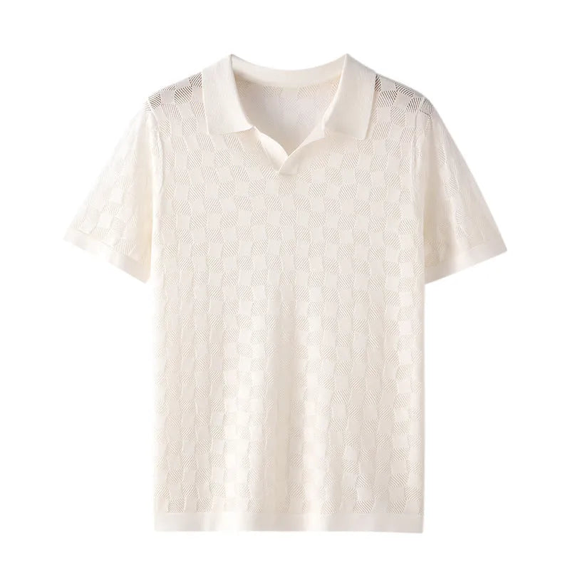 Men's mulberry silk short sleeve business casual sweater with lapel collar in solid colours
