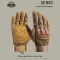 Men's black full finger tactical gloves with touch screen-compatible fingertips on a hand.