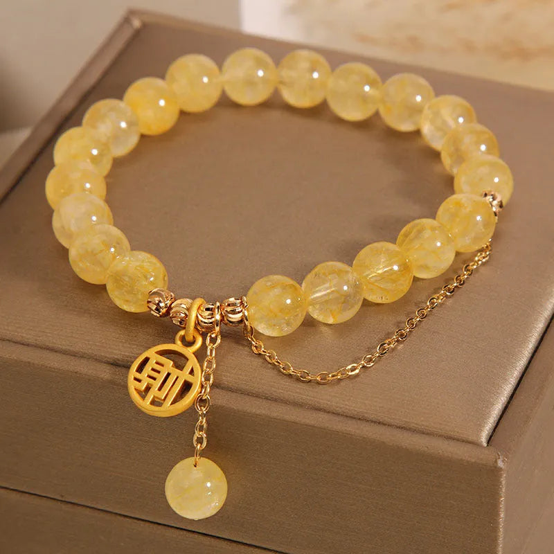 Natural citrine bracelet with Chinese character tassel in electroplated mixed materials