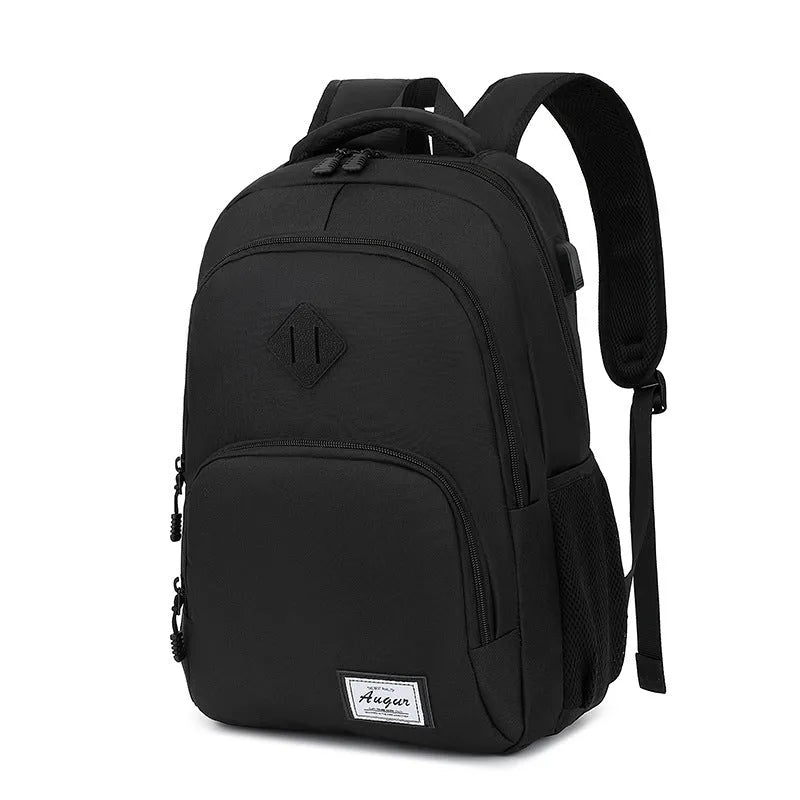 Grey nylon backpack with USB charging port showing dimensions and trolley attachment feature