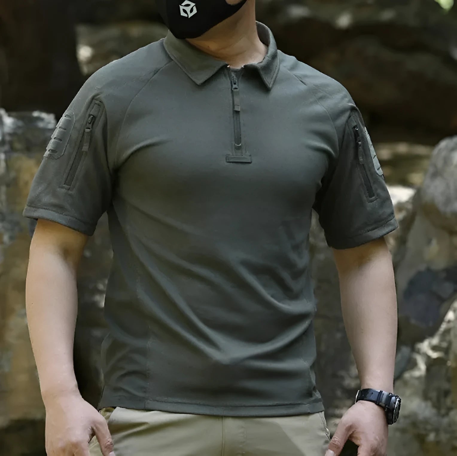 Men's summer light breathable sports T-shirt quick dry short sleeve in black, front view with athletic fit