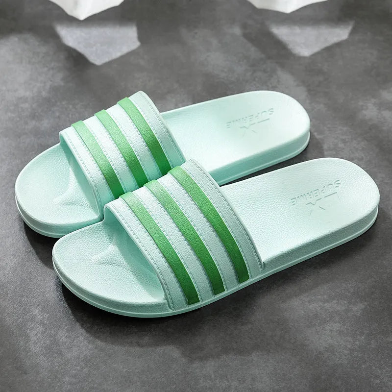 White stripes PVC bathroom slippers for women and men with three-bar design and injection moulded sole