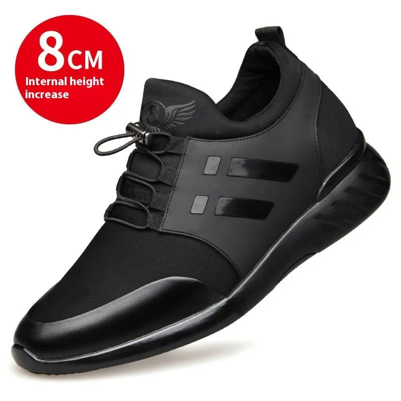 Men's black casual shoes with a low-top round toe design, available in leather or Lycra, featuring an internal height-increasing chunky heel.