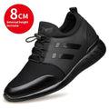 Men's black casual shoes with a low-top round toe design, available in leather or Lycra, featuring an internal height-increasing chunky heel.