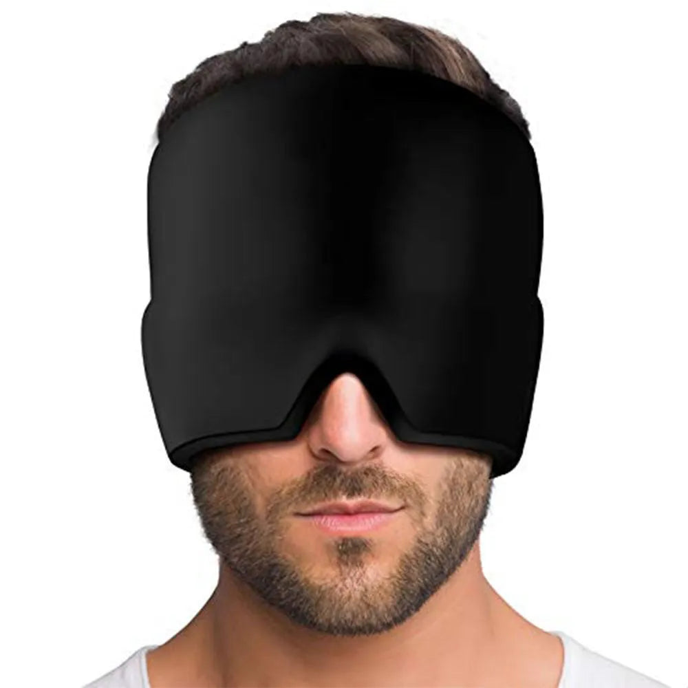 Black elastic cloth gel ice headache relief eye mask showing adjustable headband and cooling gel construction