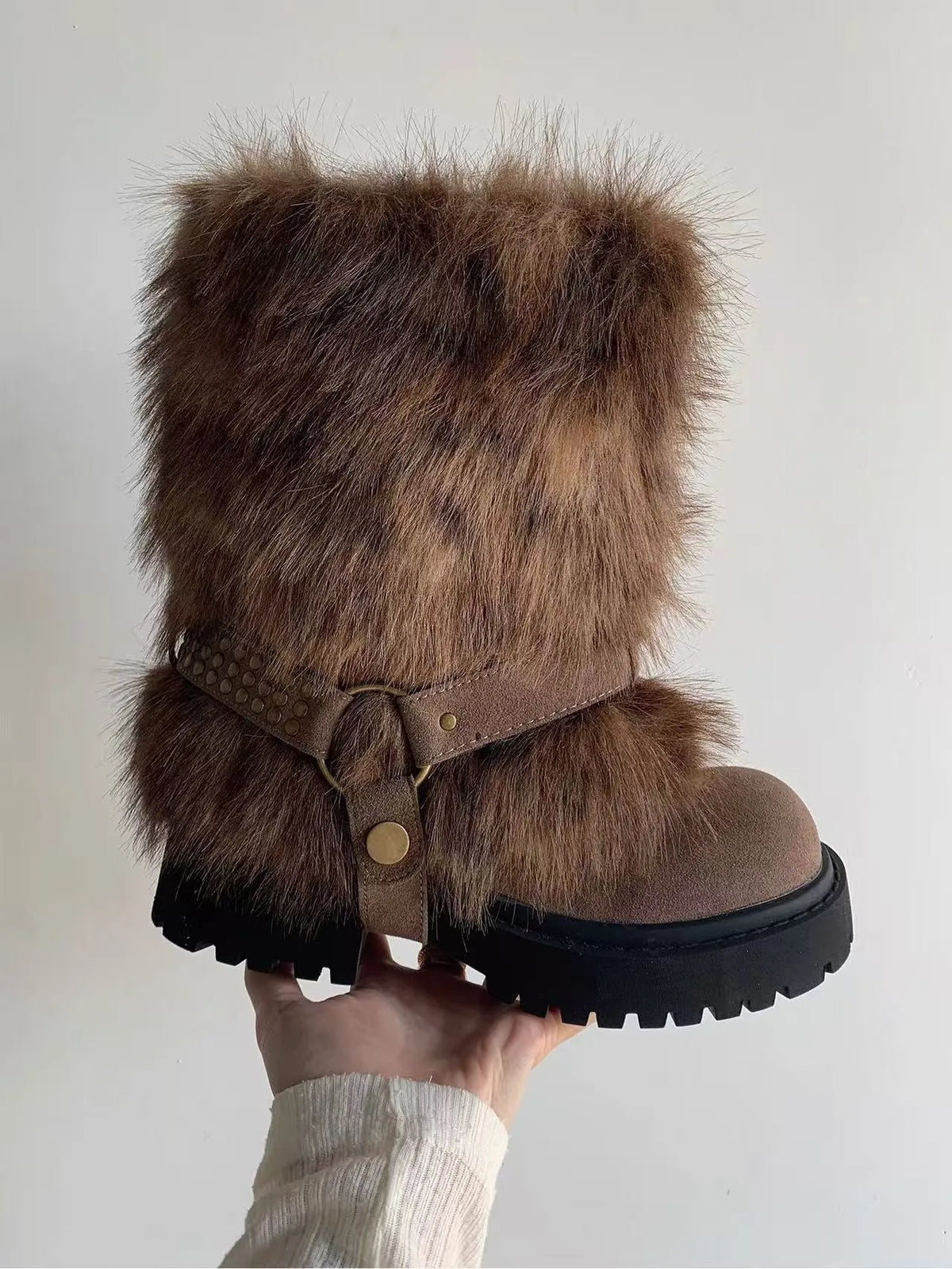 Women's mid-calf snow boots with faux plush lining, anti-slip rubber sole and slip-on design in beige
