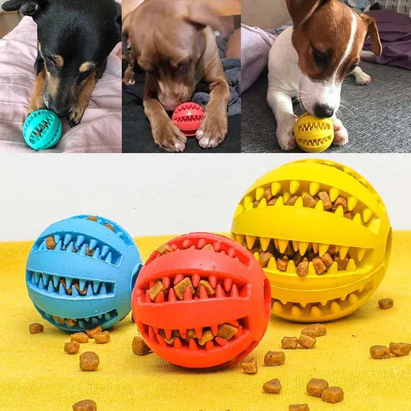 Rubber dog ball toy in blue green red for treat dispensing, slow feeding and tooth cleaning, 5cm and 7cm