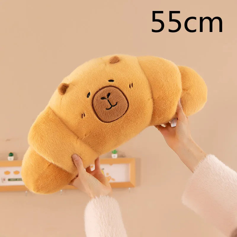 Capybara croissant French stick plush toy in mink velvet, available in sizes from 50cm to 100cm