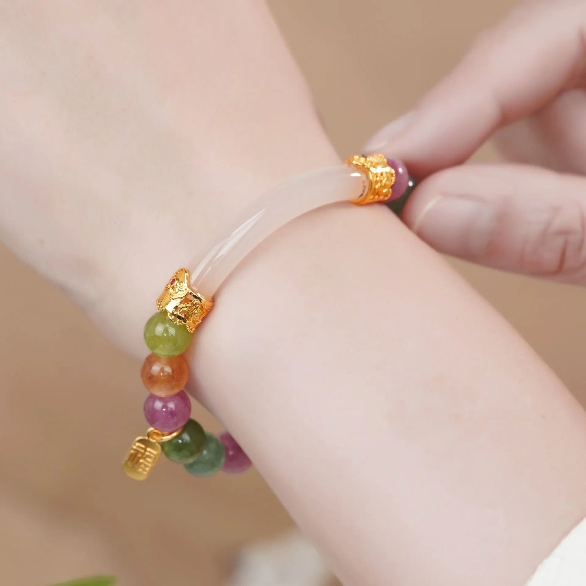 Women's tourmaline bracelet with natural jade rainbow colours and half bracelet pith construction