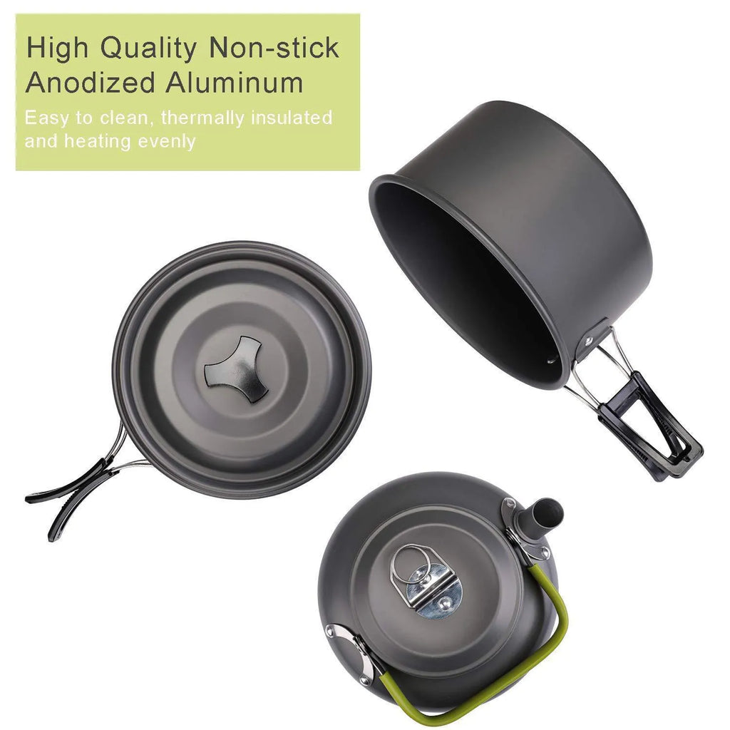 Camping cookware set with hard alumina stew-pan, frying pan, 0.8L teapot, two stainless steel cups and cutlery in orange, black or green