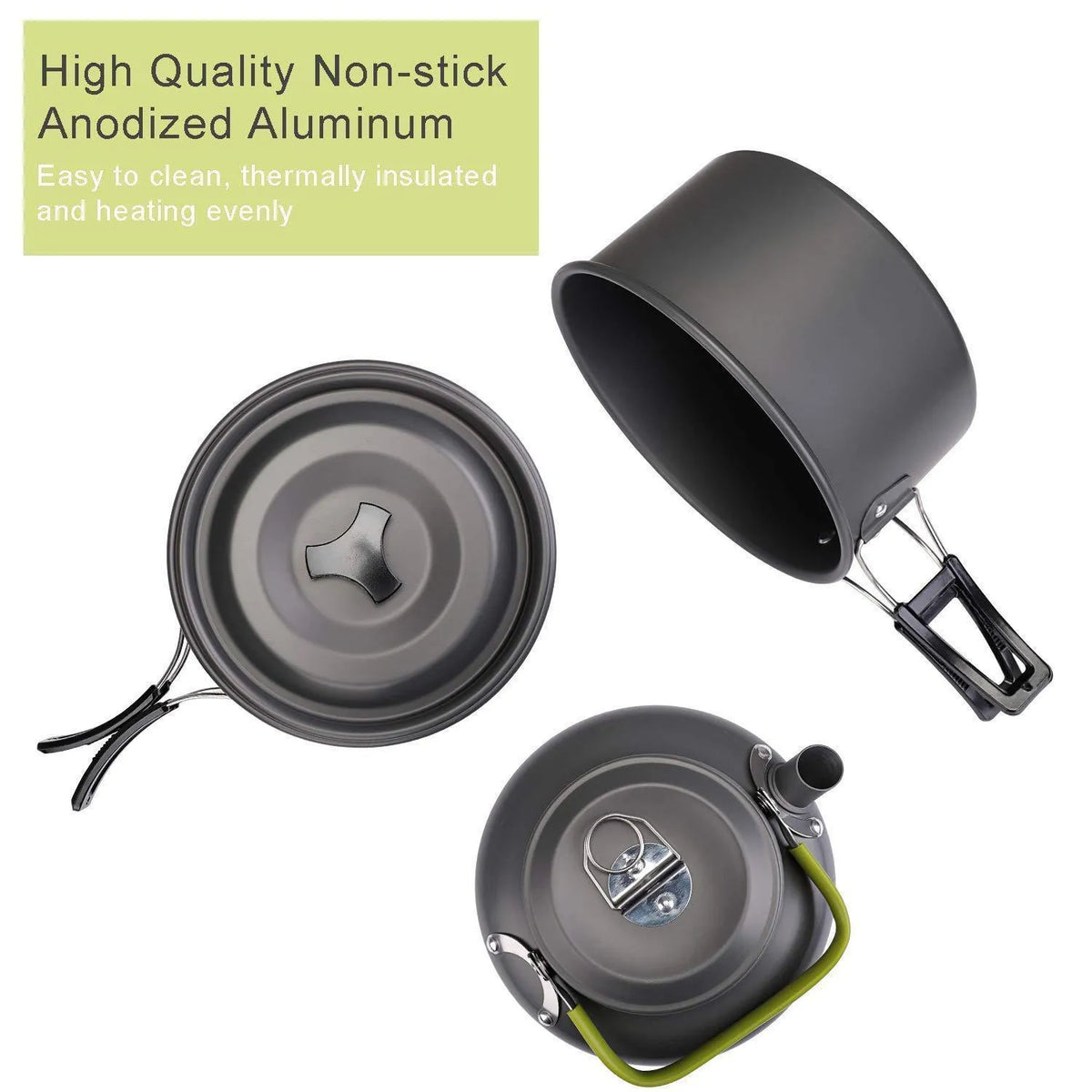 Camping cookware set with hard alumina stew-pan, frying pan, 0.8L teapot, two stainless steel cups and cutlery in orange, black or green