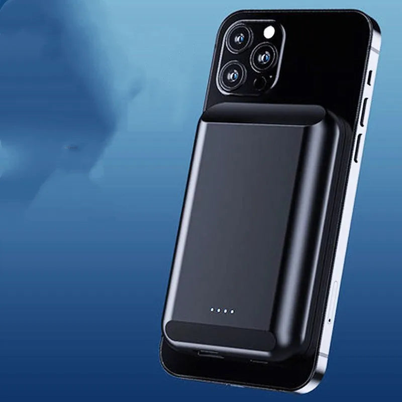 Magnetic wireless power bank in multiple colours showing dimensions 85mm by 55mm.