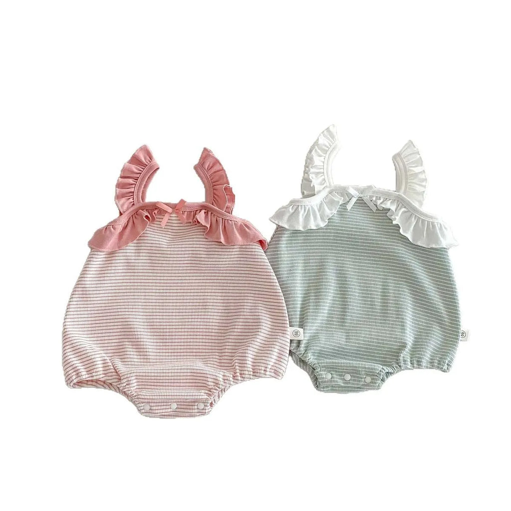 Girls summer jumpsuit in light green or pink, sleeveless cotton triangle romper with ruffle stripes, 66cm to 90cm