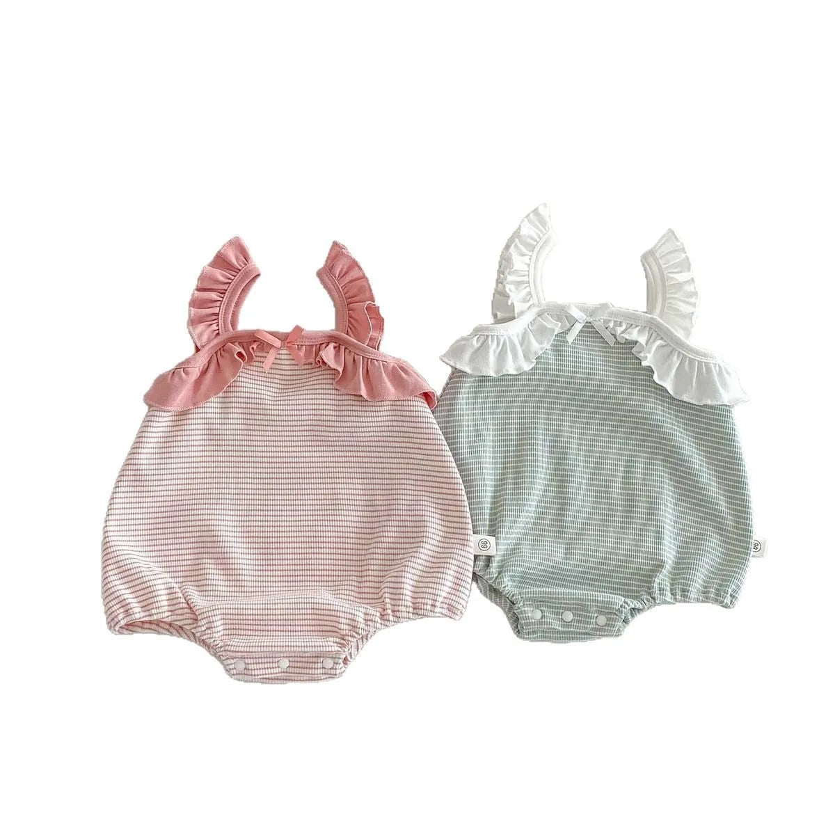 Girls summer jumpsuit in light green or pink, sleeveless cotton triangle romper with ruffle stripes, 66cm to 90cm