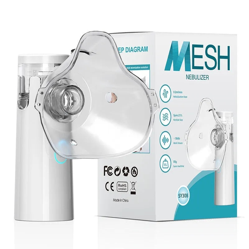 Handheld compressed micro-mesh nebulizer with bilateral masks, medical PVC, mute operation, battery or plug-in power.