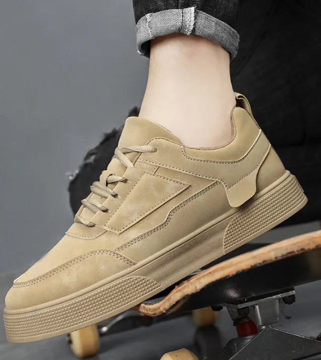 Men's casual sports sneakers in black, grey, khaki or white, artificial PU upper, mesh inner, plastic sole, sizes 39-48