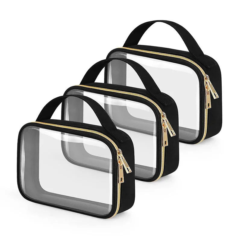 Transparent PVC makeup organiser bag with chain handle in assorted colours on a plain background.