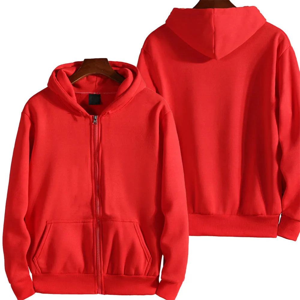 Men's solid colour loose sports zip jacket in polyester-spandex fabric showing zip front and cardigan style