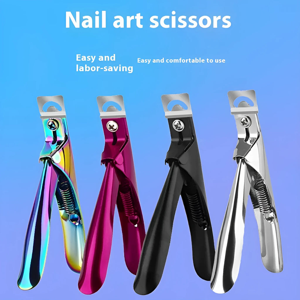 Stainless steel nail art scissors showing French U-shaped blades and available colour options.