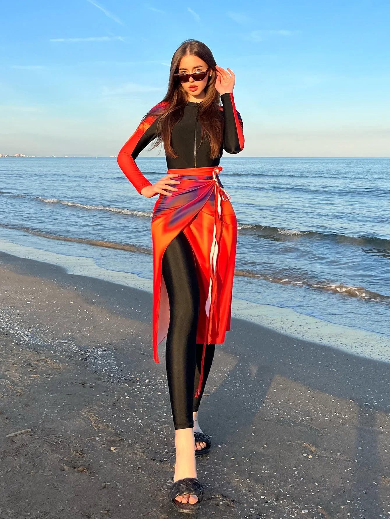 Sun protection beach swimsuit three-piece set women's polyester bikini conservative pattern colour 427 sizes S-XL
