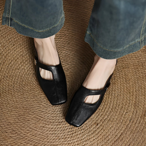 British style square head outdoor slippers in black with low heel and rubber sole