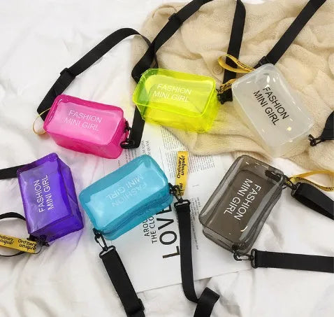 Transparent square jelly crossbody bag for women with an adjustable strap, shown in various colours.