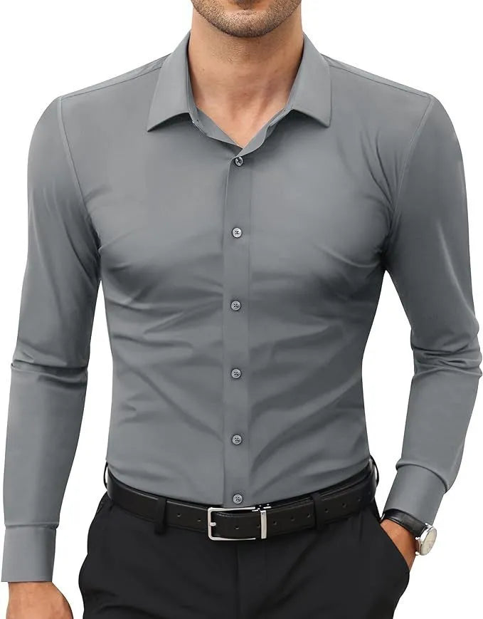Men's long sleeve cardigan shirt in solid colour with polyester four-way stretch fabric, full elastic force construction