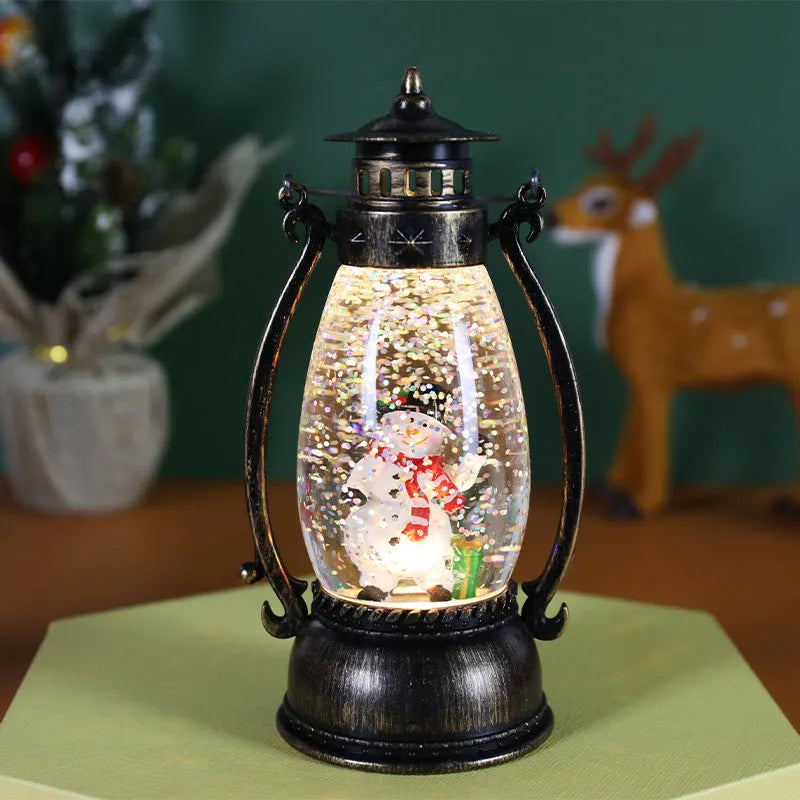 LED crystal ball Christmas decoration with illuminated oil lamp snowman figure on tabletop