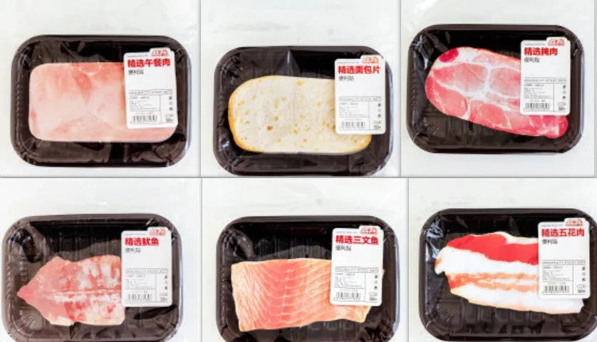 Post-it message notepad with food-themed cover design showing bacon, salmon or pork belly illustration